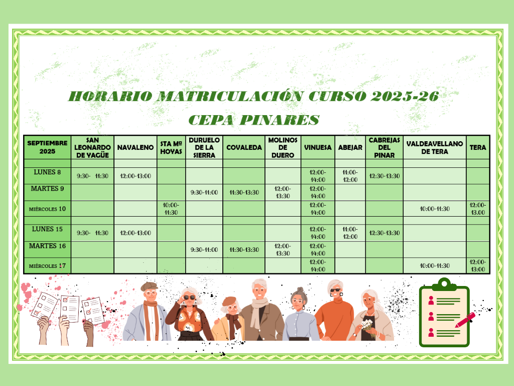 Tabla con horario de matriculación por localidades